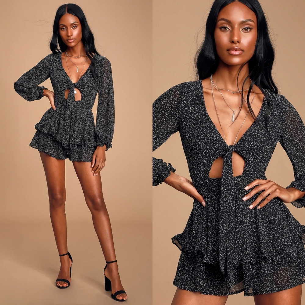 LULU'S Black and White Print Tie-Front Skort Romper